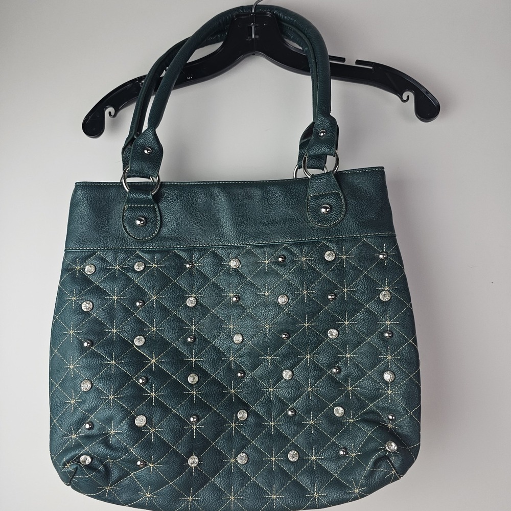 Green Rhinestone‎ Studded Accent Shoulder Bag Quilted Handbag Purse Zip Pockets